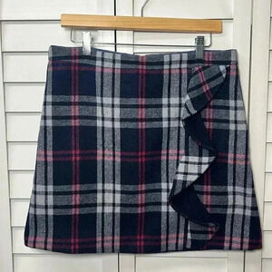 J. Crew Mercantile Wool Blend Plaid Ruffle Mini Skirt Size 10 Navy, Gray…
